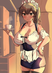 Rule 34 | 1girl, alternate costume, apron, blouse, breasts, brown eyes, brown hair, commentary request, cup, enmaided, frilled shirt, frills, hand on own hip, highres, kaga (kancolle), kantai collection, large breasts, long hair, maid, miniskirt, osananajimi neko, saucer, shirt, side ponytail, skirt, solo, teacup, unfinished, waist apron, waitress, white apron, white shirt