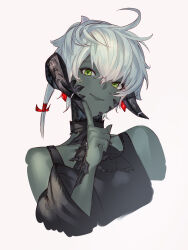 Rule 34 | 1girl, absurdres, ahoge, ascot, au ra, bare shoulders, black ascot, black choker, choker, colored skin, commentary request, cropped torso, curled horns, dragon girl, dragon horns, earrings, final fantasy, final fantasy xiv, finger to cheek, freckles, green eyes, grey skin, hair ribbon, hand up, highres, horn ornament, horn ring, horns, index finger raised, jewelry, lace-trimmed choker, lace trim, looking at viewer, medium hair, ribbon, rino (selva 1in0), scales, simple background, smile, solo, upper body, warrior of light (ff14), white background, white hair