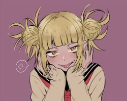 Rule 34 | 10s, 1girl, :p, blonde hair, blunt bangs, blush, boku no hero academia, cardigan, double bun, fangs, hair bun, half-closed eyes, hands on own face, heart, long sleeves, purple background, school uniform, serafuku, simple background, smile, solo, thought bubble, toga himiko, tongue, tongue out, yellow eyes
