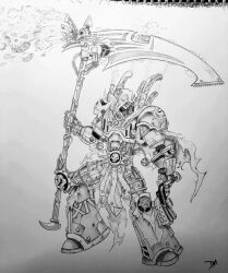 Rule 34 | absurdres, armor, breastplate, chain, chaos (warhammer), cloak, cuirass, cuisses, death guard, decay, faulds, full armor, fume, gauntlets, greaves, highres, holding, holding weapon, hood, hooded cloak, insect wings, mask, medieval, monochrome, mortarion, pauldrons, plate armor, power armor, primarch, rerebrace, respirator, scythe, shoulder armor, signature, silence (weapon), torn cloak, torn clothes, traditional media, warhammer 40k, weapon, wings