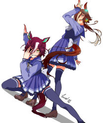 2girls animal_ears bow bowtie brown_eyes brown_footwear brown_hair clothing_cutout commentary dutch_angle eyepatch hair_over_one_eye highres horse_ears horse_girl horse_tail loafers long_hair long_sleeves looking_at_viewer low_ponytail multicolored_hair multiple_girls nishioki_tama purple_hair purple_shirt purple_skirt purple_thighhighs sailor_collar sailor_shirt school_uniform shirt shoes short_hair signature simple_background skirt streaked_hair tail tail_through_clothes tanino_gimlet_(umamusume) thighhighs tracen_school_uniform umamusume vodka_(umamusume) white_background white_bow white_bowtie white_hair yellow_eyes