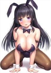 Rule 34 | 1girl, animal ears, bang dream!, bare shoulders, black hair, blush, bow, breasts, cameltoe, cleavage, cleft of venus, collarbone, detached collar, fake animal ears, lambda (kusowarota), large breasts, leotard, long hair, looking at viewer, open mouth, pantyhose, playboy bunny, purple eyes, rabbit ears, rabbit tail, shirokane rinko, simple background, solo, tail, white background, wrist cuffs