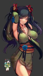 Rule 34 | 1girl, arm between breasts, arm up, armpits, at2., between breasts, black background, black hair, blush, breasts, cowboy shot, detached sleeves, finger to mouth, flower, green kimono, hair flower, hair ornament, hair ribbon, hand in own hair, heterochromia, highres, index finger raised, japanese clothes, kimono, large breasts, leaf print, long sleeves, looking at viewer, minecraft, multiple views, obi, parted lips, pink eyes, print kimono, purple eyes, red ribbon, ribbon, sash, short kimono, shushing, side slit, simple background, smile, standing, thighs, tsurime, twintails, wide sleeves