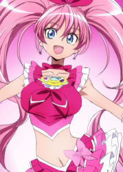 Rule 34 | 10s, 1girl, blue eyes, bow, breasts, brooch, choker, cure melody, frilled skirt, frills, gradient background, houjou hibiki, jewelry, large breasts, midriff, navel, oimanji, open mouth, pink background, pink bow, pink hair, pink theme, precure, skirt, solo, suite precure, twintails