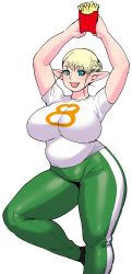 Rule 34 | 1girl, :&gt;, blonde hair, blue eyes, breasts, curvy, elf, elf-san wa yaserarenai., erufuda-san, eyebrows, fang, food, french fries, green pants, highres, large breasts, legs, looking at viewer, numbered, open mouth, pants, plump, pointy ears, shirt, smile, solo, stretching, synecdoche, thick thighs, thighs, tight clothes, white background