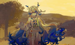 Rule 34 | 1girl, absurdres, arknights, bare shoulders, blonde hair, blue eyes, blue hair, catalpa (xsjt4323), closed mouth, cowboy shot, day, dragon girl, dragon horns, earrings, evening, grey hair, grey jacket, grey tube top, hair between eyes, hair intakes, highres, horns, jacket, jewelry, long hair, long sleeves, looking down, multicolored hair, necklace, off shoulder, open clothes, open jacket, outdoors, plant, pointy ears, shu (arknights), sketch, smile, solo, standing, strapless, tree, tube top, very long hair, yellow theme