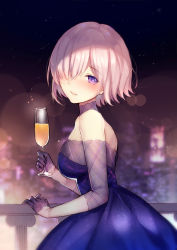 Rule 34 | 1girl, bare shoulders, bison cangshu, blue dress, blurry, blurry background, blush, breasts, champagne flute, commentary request, cup, depth of field, dress, drink, drinking glass, earrings, fate/grand order, fate (series), gloves, grey gloves, hair between eyes, half gloves, highres, holding, holding cup, jewelry, large breasts, looking at viewer, looking to the side, mash kyrielight, mash kyrielight (chaldea dinnertime), night, official alternate costume, outdoors, parted lips, pink hair, pleated dress, purple eyes, railing, revision, short hair, smile, solo, strapless, strapless dress, stud earrings