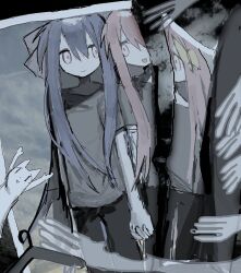 Rule 34 | 2girls, abstract background, alternate costume, black pants, blue hair, bow, closed mouth, clothes hanger, colored skin, creature, ghost, ghost hands, grey shirt, grey skin, hair bow, holding hands, interlocked fingers, jaggy lines, kotonoha akane, kotonoha aoi, kurashi gas meter (voiceroid), long hair, looking at another, multiple girls, muted color, open mouth, pants, photo (object), pink bow, pink eyes, pink hair, shirt, side-by-side, sidelocks, smile, t-shirt, toochi (tochiko0214), torn photo, voiceroid, yellow bow