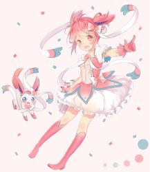 Rule 34 | 1girl, :d, adapted costume, blush, boots, creatures (company), crossover, dress, frilled dress, frills, game freak, gen 6 pokemon, gloves, hair ribbon, hitsukuya, knee boots, looking at viewer, mahou shoujo madoka magica, mahou shoujo madoka magica (anime), nintendo, open mouth, pink dress, pink eyes, pink footwear, pink gloves, pink hair, pink ribbon, pokemon, pokemon (creature), ribbon, short hair, simple background, smile, sylveon, twintails