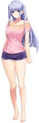Rule 34 | 1girl, absurdres, alternate costume, arms at sides, barefoot, blue eyes, blush, closed mouth, feet, female focus, full body, game cg, groin, hibiki works, highres, iizuki tasuku, legs, light blush, light purple hair, looking at viewer, off-shoulder shirt, off shoulder, original, purple hair, shirt, short shorts, shorts, smile, solo, standing, suiren to shion, tachi-e, thigh gap, thighs, toes, transparent background, two side up, wakami shion
