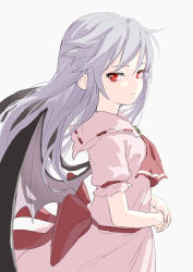 Rule 34 | 1girl, alternate hair length, alternate hairstyle, ascot, bat wings, blue hair, brooch, commentary, dress, fkey, frilled shirt collar, frills, grey background, highres, jewelry, long hair, looking at viewer, no headwear, pink dress, puffy short sleeves, puffy sleeves, red ascot, red eyes, red sash, remilia scarlet, sash, short sleeves, simple background, solo, touhou, wings