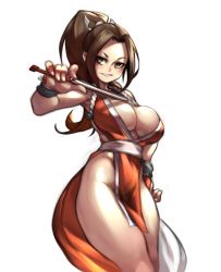 Rule 34 | 1girl, armor, breasts, brown eyes, brown hair, cleavage, folded fan, covered erect nipples, covered navel, curvy, fatal fury, female focus, folding fan, hair ribbon, hand fan, high ponytail, highres, japanese armor, kelvin hiu, kote, large breasts, long hair, looking at viewer, matching hair/eyes, ninja, no bra, no panties, pelvic curtain, ponytail, revealing clothes, ribbon, rope, shimenawa, shiranui mai, sleeveless, smile, solo, standing, the king of fighters, thick thighs, thighs