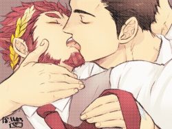 Rule 34 | 2boys, bara, claude (housamo), couple, closed eyes, facial hair, formal, french kiss, gakei3, goatee, hand on another&#039;s cheek, hand on another&#039;s face, hand on another&#039;s head, kiss, laurel crown, long sideburns, male focus, protagonist 3 (housamo), mature male, multiple boys, muscular, muscular male, necktie, red hair, saliva, short hair, sideburns, thick eyebrows, tokyo houkago summoners, tongue, tongue out, upper body, yaoi