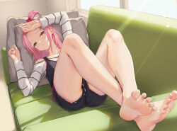Rule 34 | 1girl, absurdres, arms up, ass, bare legs, barefoot, black overalls, collarbone, commentary request, commission, cushion, feet, guardian chara, hair ornament, highres, hinamori amu, indoors, long hair, looking at viewer, lying, on back, overalls, parted lips, pink hair, pixiv commission, shirt, shugo chara!, sidelocks, soles, solo, striped clothes, striped shirt, thighs, toes, white shirt, window, x hair ornament, yellow eyes, zoppi