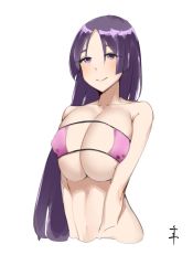 Rule 34 | 1girl, bare arms, bare shoulders, bikini, blush, breasts, cleavage, collarbone, covered erect nipples, cropped torso, eyepatch bikini, fate/grand order, fate (series), huge breasts, large breasts, long hair, looking away, minamoto no raikou (fate), minamoto no raikou (fate/grand order), minamoto no raikou (swimsuit lancer) (fate), navel, parted bangs, purple bikini, purple eyes, purple hair, sente, signature, simple background, smile, solo, standing, stomach, strap gap, strapless, strapless bikini, string bikini, swimsuit, underboob, upper body, v arms, very long hair, white background
