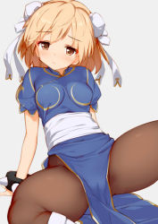 Rule 34 | 1girl, blonde hair, blush, boots, bracelet, breasts, brown eyes, bun cover, china dress, chinese clothes, chun-li, chun-li (cosplay), commentary request, cosplay, djeeta (granblue fantasy), double bun, dress, granblue fantasy, jewelry, kaisen chuui, looking at viewer, pantyhose, pelvic curtain, puffy short sleeves, puffy sleeves, sash, short hair, short sleeves, simple background, sitting, solo, spiked bracelet, spikes, spread legs, street fighter, white background