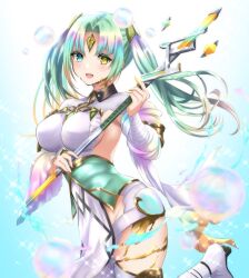 Rule 34 | 1girl, aqua hair, blonde hair, blue eyes, blush, breasts, bubble, commentary, dress, fire emblem, fire emblem heroes, floating hair, forehead jewel, gradient hair, heidr (fire emblem), heterochromia, highres, holding, holding staff, holding weapon, kakiko210, long hair, looking at viewer, medium breasts, multicolored hair, nintendo, parted bangs, pelvic curtain, sideboob, smile, solo, staff, twintails, two-tone hair, weapon, white dress, yellow eyes