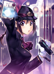 Rule 34 | 1girl, ascot, bad id, bad pixiv id, braid, brown eyes, brown hair, character request, city, flashlight, gloves, hat, open mouth, police, police uniform, policewoman, ponytail, purple eyes, purple hair, radio, solo, train attendant, travel attendant, uniform, vania600, walkie-talkie, white gloves, worried