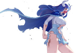Rule 34 | 1girl, absurdres, arukiru, blue cape, blue hair, blue skirt, cape, highres, long sleeves, looking away, mask, mouth mask, multicolored hair, one piece, pink hair, red eyes, simple background, skirt, solo, standing, thighs, torn clothes, torn skirt, two-tone hair, ulti (one piece), white background
