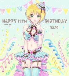 Rule 34 | 10s, 1girl, :d, bare shoulders, bike shorts, blonde hair, blue nails, blue skirt, blue thighhighs, blush, breasts, bunting, cake hat, cleavage, confetti, earrings, garter straps, green eyes, happy birthday, heart, heart-shaped gem, idolmaster, idolmaster cinderella girls, jewelry, looking at viewer, medium breasts, miyamoto frederica, mochiya marosuke, nail polish, navel, open mouth, pennant, short hair, skirt, smile, solo, streamers, string of flags, thighhighs, twitter username, wrist cuffs