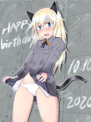 Rule 34 | 1girl, animal ears, black ribbon, blonde hair, blue eyes, cat ears, cat tail, clothes lift, commentary, cowboy shot, crotch seam, dated, english text, frown, grey jacket, happy birthday, helma lennartz, highres, jacket, jacket lift, lifted by self, long hair, looking at viewer, neck ribbon, no pants, open mouth, panties, ribbon, solo, standing, strike witches: suomus misfits squadron, sweat, tail, tanaka rikimaru, underwear, white panties, world witches series
