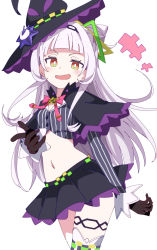Rule 34 | 1girl, black capelet, black gloves, black hat, black skirt, blunt bangs, blush, bright pupils, capelet, gloves, hair ornament, hat, hololive, ixy, long hair, looking at viewer, murasaki shion, murasaki shion (1st costume), navel, open mouth, orange eyes, simple background, skirt, smile, solo, thighhighs, virtual youtuber, white background, white pupils, white thighhighs, witch hat