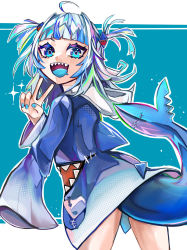 Rule 34 | 1girl, ahoge, blue eyes, blue hair, blue nails, blue tongue, blunt bangs, colored tongue, fins, fish tail, from behind, gawr gura, gawr gura (1st costume), highres, hololive, hololive english, hood, hoodie, leaning forward, mamiya miya, multicolored hair, nail polish, open mouth, scar, shark tail, sharp teeth, silver hair, sleeves past fingers, sleeves past wrists, solo, streaked hair, tail, teeth, two side up, v, v-shaped eyebrows, virtual youtuber