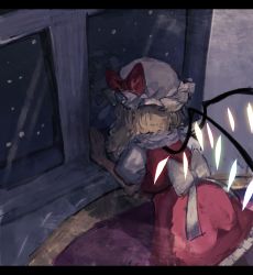 Rule 34 | 1girl, :d, artist name, bad id, bad pixiv id, blonde hair, bow, commentary request, crystal, dated, flandre scarlet, from above, from behind, from side, glowing, hand on glass, hand on window, hat, hat ribbon, highres, indoors, letterboxed, looking outside, mob cap, mochacot, open mouth, puffy short sleeves, puffy sleeves, red skirt, red vest, reflection, ribbon, short hair, short sleeves, skirt, smile, snow, snowing, solo, touhou, vest, wide-eyed, window, wings