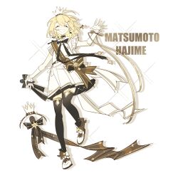 Rule 34 | 1girl, absurdres, black ribbon, black thighhighs, blonde hair, braid, closed mouth, crown, dress, full body, highres, holding, holding microphone, iotaone, microphone, open mouth, original, ribbon, short hair, solo, thighhighs, white dress