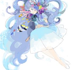 Rule 34 | 1girl, :d, air bubble, animal, arm support, asari nanami, bad drawr id, bad id, big hair, blue bow, blue dress, blue eyes, blue hair, blue theme, bow, bubble, chin strap, clownfish, coral, coral hair ornament, crossed ankles, drawr, dress, dutch angle, fish, flats, floating hair, from side, full body, gradient clothes, gradient dress, hair ornament, hand on lap, idolmaster, idolmaster cinderella girls, invisible chair, jaggy lines, legs together, long hair, looking away, medium dress, moorish idol, no socks, nucco, oekaki, open mouth, pleated dress, profile, puffy short sleeves, puffy sleeves, school of fish, shoes, short sleeves, simple background, sitting, smile, solo, tareme, tropical fish, very long hair, wavy hair, white background, white footwear