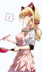 Rule 34 | .live, 1girl, absurdres, animal ears, apron, blonde hair, blush, breasts, cat ears, character request, chopsticks, closed mouth, darjeeling (reley), eighth note, fake animal ears, from side, frying pan, glowing, grey background, hair between eyes, highres, holding, holding chopsticks, holding frying pan, large breasts, long hair, looking away, low twintails, multicolored hair, musical note, paw print, pink apron, pink hair, print apron, profile, red eyes, red skirt, shirt, sidelocks, simple background, skirt, sleeves pushed up, smile, solo, spoken musical note, standing, streaked hair, twintails, very long hair, virtual youtuber, white shirt
