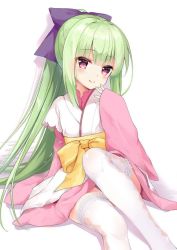 Rule 34 | 1girl, bow, breasts, cannian dada, closed mouth, commentary request, fingernails, green hair, hair bow, japanese clothes, kimono, knee up, long hair, long sleeves, murasame (senren), obi, pink kimono, purple bow, red eyes, sash, senren banka, shadow, sitting, sleeves past wrists, smile, solo, thighhighs, very long hair, white background, white kimono, white thighhighs, wide sleeves, yellow bow