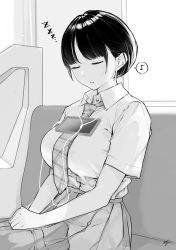 Rule 34 | 1girl, absurdres, breasts, cellphone, collared shirt, earphones, greyscale, highres, large breasts, listening to music, monochrome, musical note, necktie, original, phone, plaid necktie, school uniform, shirt, short hair, sitting, sleeping, smartphone, solo, takenoko no you, zzz