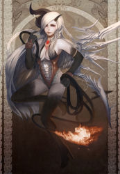 Rule 34 | 1girl, angel wings, bare shoulders, braid, breasts, corset, demon girl, demon tail, earrings, fire, flame-tipped tail, halterneck, horns, jewelry, lips, long hair, original, tail, tetsu (aurvandil), thighhighs, twin braids, whip, white hair, wings