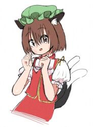 Rule 34 | 1girl, :d, animal ear fluff, animal ears, blush, bow, bowtie, brown eyes, brown hair, cat ears, cat tail, chen, commentary request, cropped legs, fang, flat chest, gold trim, hair between eyes, hands up, hat, kataka (katakata kakkou), looking at viewer, mob cap, multiple tails, nekomata, open mouth, petite, puffy short sleeves, puffy sleeves, red skirt, red vest, short hair, short sleeves, simple background, skirt, skirt set, smile, solo, tail, touhou, two tails, vest, white background, white bow, white bowtie
