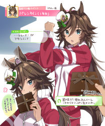 Rule 34 | 1girl, ahoge, animal ears, blush, box, breasts, brown hair, ear wiggle, gameplay mechanics, gift, gift box, green eyes, hair ornament, hairclip, hat, high collar, holding, holding box, horse ears, horse girl, horse tail, jacket, long hair, looking at viewer, medium breasts, mini hat, mini top hat, misu kasumi, motion lines, mr. c.b. (umamusume), multiple views, open mouth, out of frame, pants, partially unzipped, red jacket, red pants, signature, smile, speech bubble, stretching, tail, top hat, track jacket, translation request, umamusume, valentine