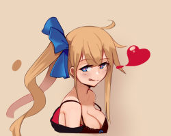 Rule 34 | 1girl, :q, ahoge, bare shoulders, blonde hair, blue eyes, blue ribbon, bra, breasts, brown bra, cleavage, color guide, fal (girls&#039; frontline), from side, girls&#039; frontline, hair ribbon, heart, heart-shaped pupils, kion-kun, large breasts, long hair, looking at viewer, looking to the side, off shoulder, ribbon, simple background, solo, sweat, symbol-shaped pupils, tongue, tongue out, underwear, upper body, yellow background