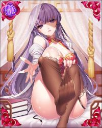 Rule 34 | 1girl, breasts, brown legwear, china dress, chinese clothes, cleavage, cleavage cutout, clothing cutout, dress, foot up, garter straps, head tilt, jacket, large breasts, off shoulder, official art, parted lips, purple eyes, purple hair, reaching, reaching towards viewer, sengoku bushouki muramasa, sitting, skindentation, solo, takamiya ren, thighhighs pull, thighs