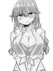 Rule 34 | 1girl, blush, braid, breasts, cleavage, closed mouth, collarbone, collared shirt, commentary, commentary request, english commentary, front-tie top, greyscale, hair between eyes, hair flaps, hair tie, highres, kantai collection, large breasts, long hair, looking at viewer, midriff, monochrome, navel, noshiro (kancolle), open clothes, open shirt, poyo (hellmayuge), see-through, shirt, simple background, solo, sweat, nervous sweating, swimsuit, twin braids, upper body, wet, wet clothes, white background