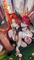 Rule 34 | 2girls, :q, animal ears, billiards, breasts, brown legwear, cleavage, cup, drinking glass, fake animal ears, green eyes, half-closed eyes, head wings, highres, holding, holding cup, hong meiling, koakuma, large breasts, leotard, light smile, long hair, looking down, multiple girls, nail polish, pantyhose, playboy bunny, pointy ears, purple eyes, red hair, red nails, risui (suzu rks), star (symbol), tongue, tongue out, touhou, wine glass, wings