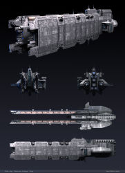 Rule 34 | 3d, absurdres, artist name, attack ship (eve online), battlecruiser (eve online), caldari state (eve online), commentary, concept art, dark background, dlamont, eve online, from side, glowing, gradient background, grey theme, highres, military vehicle, missile pod, multiple views, naga (eve online), no humans, radar, radio antenna, realistic, science fiction, spacecraft, thrusters, turret, vehicle focus