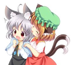 Rule 34 | 2girls, ^^^, ^ ^, absurdres, animal ears, blush, brown hair, cat ears, cat tail, chen, closed eyes, earrings, green hat, grey hair, hat, highres, jewelry, long sleeves, mob cap, mouse ears, multiple girls, multiple tails, nazrin, nekomata, open mouth, pendant, pila-pela, short hair, short sleeves, simple background, single earring, sweat, tail, tongue, tongue out, touhou, two tails, wavy mouth, white background