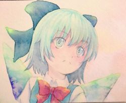 Rule 34 | 1girl, :&lt;, blue eyes, blue hair, bow, cirno, hair bow, ice, ice wings, matching hair/eyes, painting (medium), solo, touhou, traditional media, watercolor (medium), wings, yuyu (00365676)