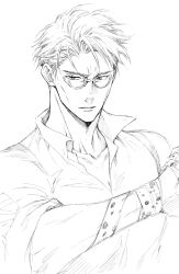 Rule 34 | 1boy, bigeroo (shangmerry), collarbone, collared shirt, goggles, jujutsu kaisen, lips, looking at viewer, male focus, monochrome, nanami kento, parted lips, shirt, short hair, sketch, solo, upper body