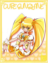 Rule 34 | 1girl, blonde hair, character name, choker, commentary request, cure sunshine, earrings, hair ornament, hair ribbon, happy, heartcatch precure!, highres, jewelry, looking at viewer, magical girl, midriff, myoudouin itsuki, navel, precure, puffy short sleeves, puffy sleeves, pururun z, ribbon, short sleeves, skirt, smile, solo, twintails, wrist cuffs, yellow earrings, yellow eyes, yellow skirt