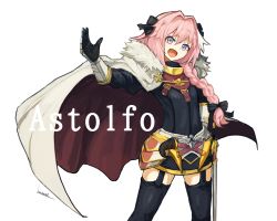 Rule 34 | 1boy, armor, artist name, astolfo (fate), blonde hair, bodysuit, bow, braid, cape, character name, collar, fate/apocrypha, fate (series), fur trim, garter straps, gauntlets, gloves, grey eyes, hair bow, hair over shoulder, horn (instrument), lansane, long hair, long sleeves, looking at viewer, male focus, open mouth, pink hair, purple eyes, smile, solo, sword, thighhighs, trap, weapon, white background