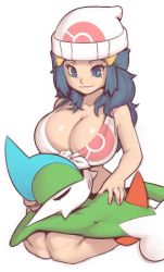 Rule 34 | 1girl, alternate breast size, armpits, blue eyes, blue hair, breasts, cleavage, creatures (company), dawn (pokemon), gallade, game freak, gen 4 pokemon, hair ornament, hairpin, hand on another&#039;s chest, hat, kneeling, large breasts, long hair, matching hair/eyes, mystical, nintendo, pokemon, pokemon (creature), pokemon dppt, shiny skin, simple background, sleeping, smile