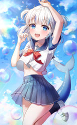 Rule 34 | 1girl, absurdres, bingyam, blue eyes, blue hair, blunt bangs, fins, fish tail, gawr gura, highres, hololive, hololive english, looking at viewer, medium hair, multicolored hair, open mouth, shark tail, sharp teeth, sky, smile, solo, streaked hair, tail, teeth, two side up, uniform, virtual youtuber, white hair