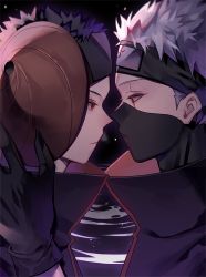 Rule 34 | 2boys, bad id, bad pixiv id, black gloves, black hair, commentary request, forehead protector, gloves, grey hair, hatake kakashi, holding, holding mask, looking at another, male focus, mask, unworn mask, mouth mask, multiple boys, naruto, naruto (series), red eyes, sal gun, scar, scar across eye, scar on face, short hair, uchiha obito