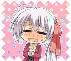 Rule 34 | 1girl, = =, ahoge, alternate hairstyle, ayachi nene, blush, breasts, casual, chibi, closed eyes, commentary, double-parted bangs, embarrassed, facing viewer, flying sweatdrops, full-face blush, hair between eyes, hair ribbon, jacket, large breasts, long hair, long sleeves, open clothes, open jacket, open mouth, pink background, plumtea an, red jacket, red ribbon, ribbon, sanoba witch, shirt, side ponytail, sidelocks, simple background, solo, sweat, sweatdrop, symbol-only commentary, tears, very long hair, wavy mouth, white hair, white shirt, wilted ahoge, yellow ribbon